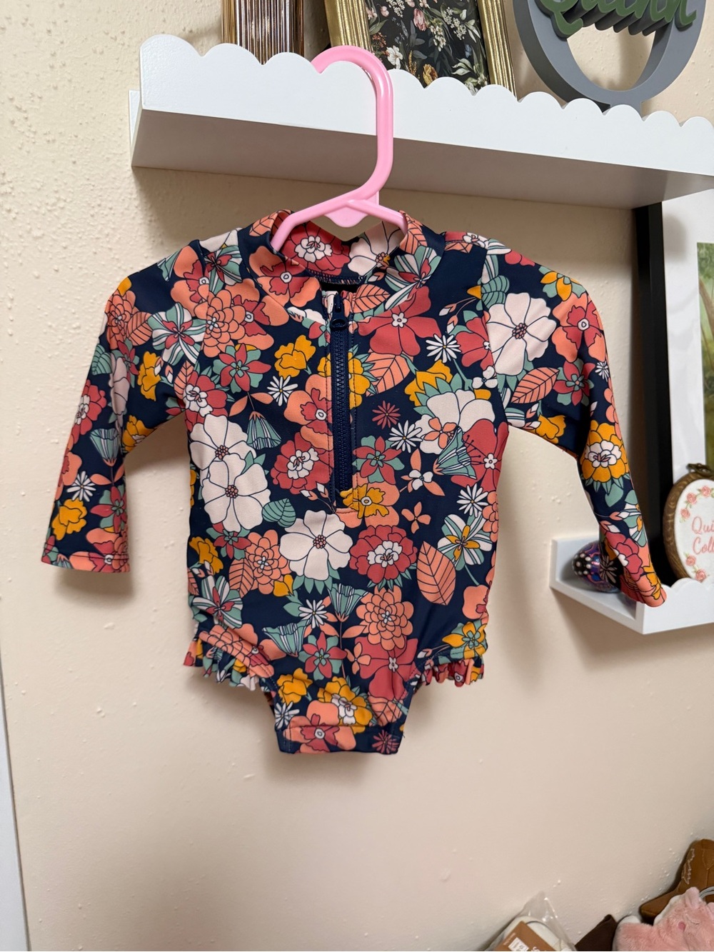 GAP Navy Multi Floral Long-Sleeve One-Piece Swimsuit